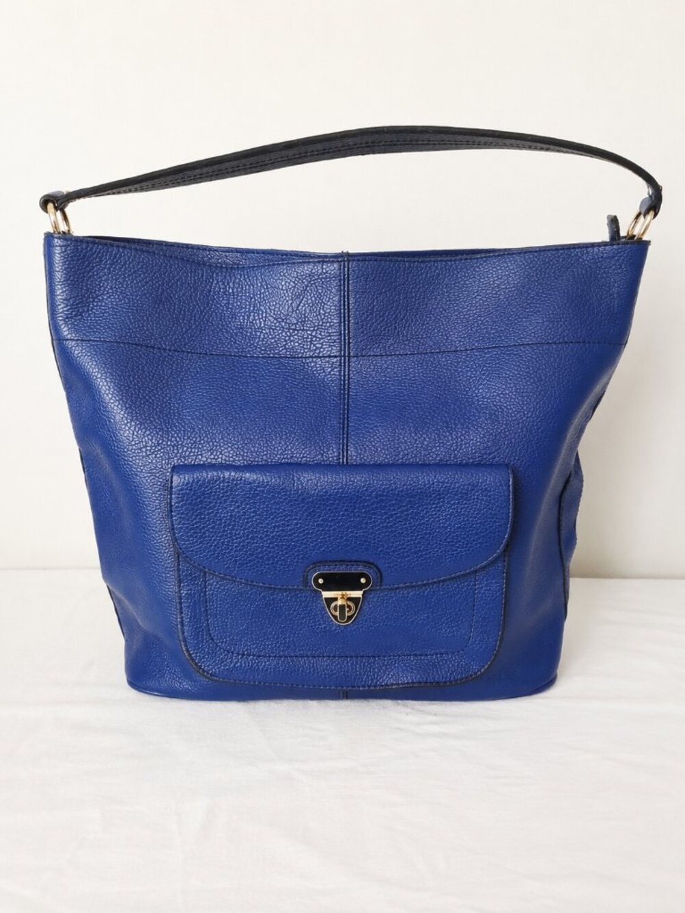 Blue Pebbled Genuine Leather Melissa Hobo Shoulder Bag with Front Pocket